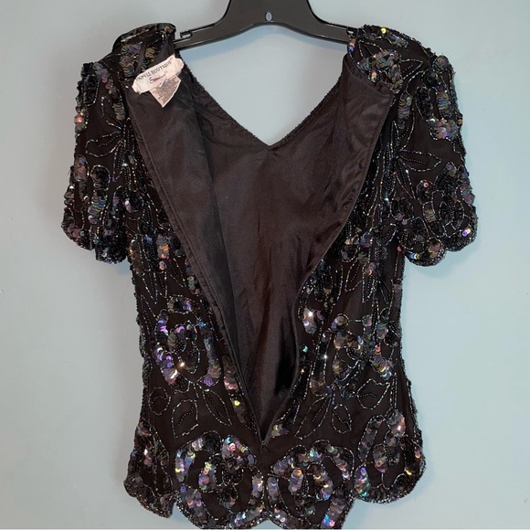 Papell Boutique Vintage Sequined Evening Top Silk Scalloped Hem Petite Medium - Picture 8 of 9